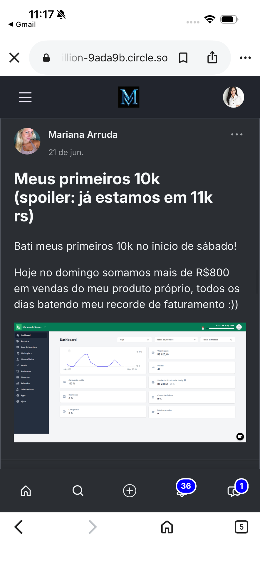 Relato de resultado publicado na comunidade