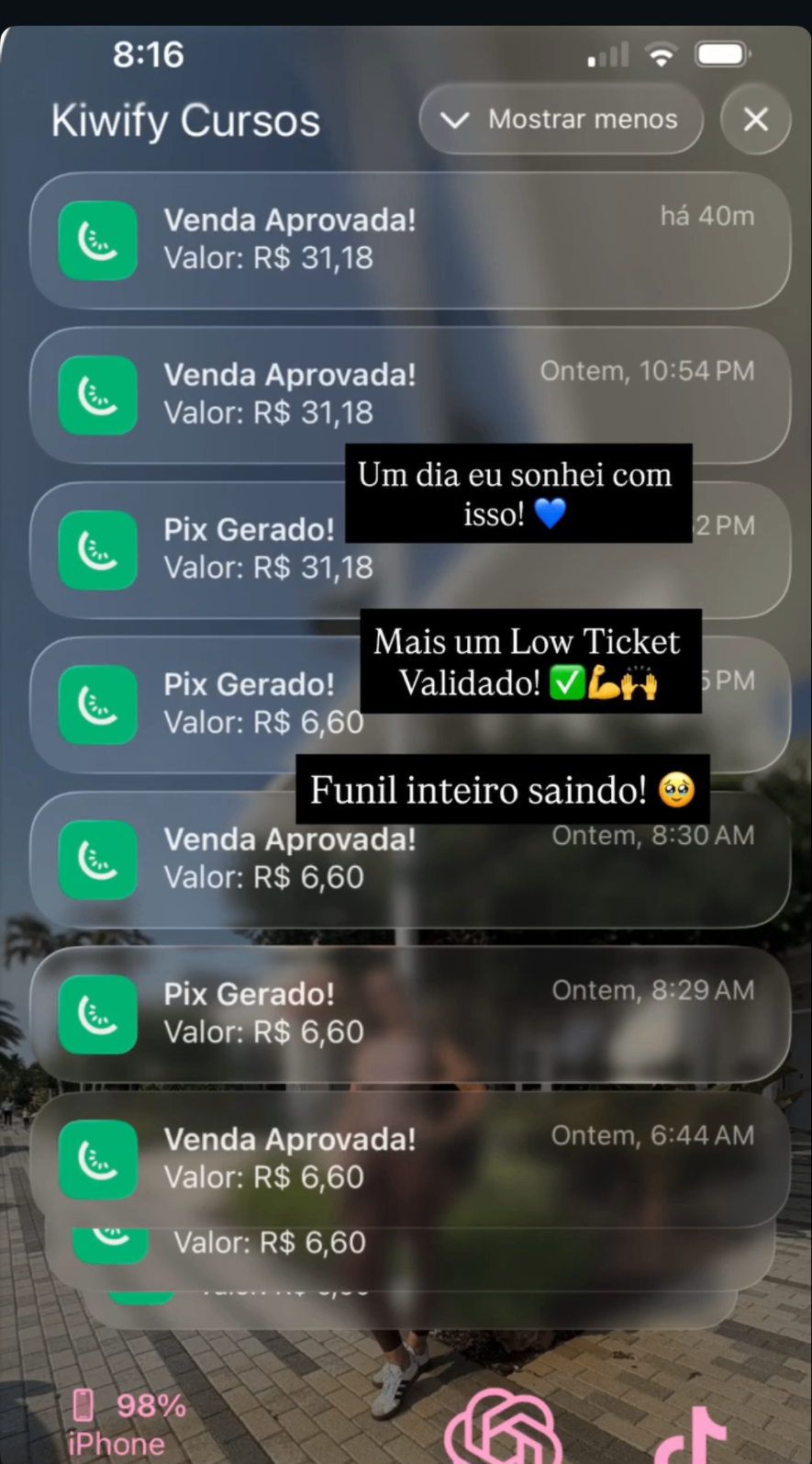 Notificações da Kiwify de vendas aprovadas e pix gerados
