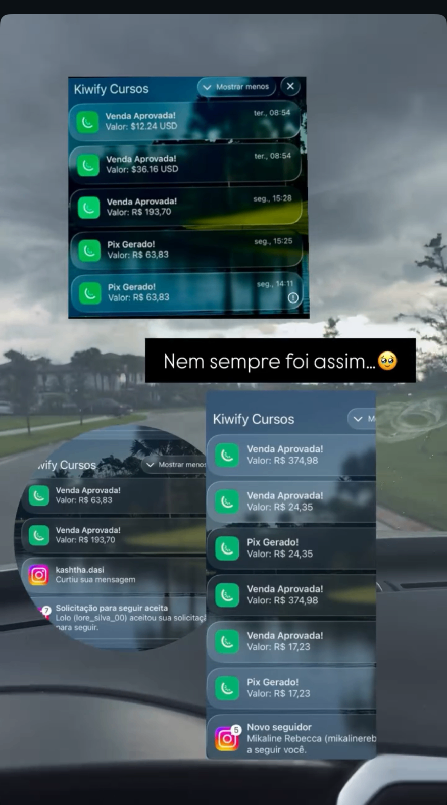 Sequência de notificações de vendas da Kiwify no celular