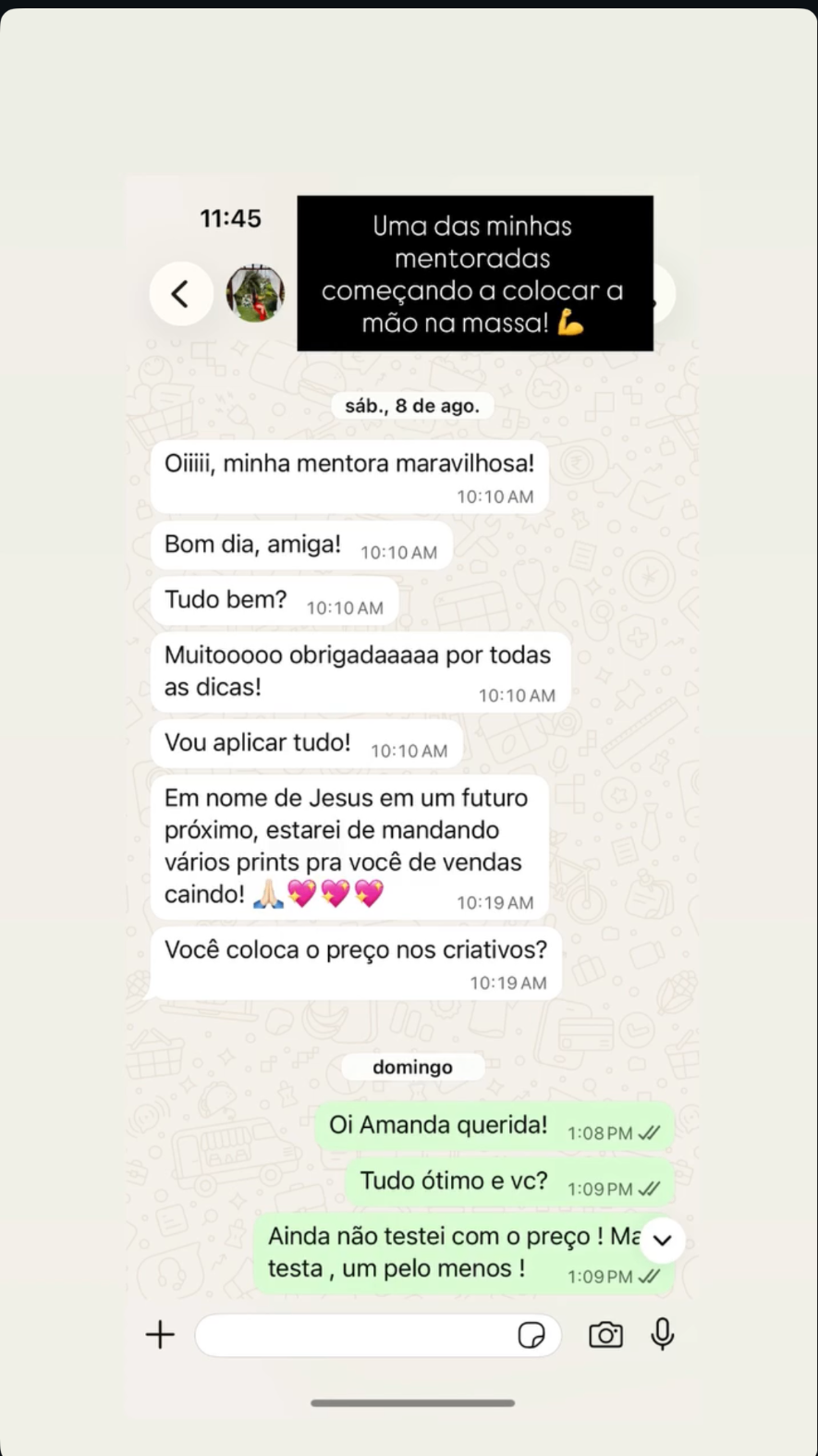 Mentorada agradecendo as dicas no WhatsApp