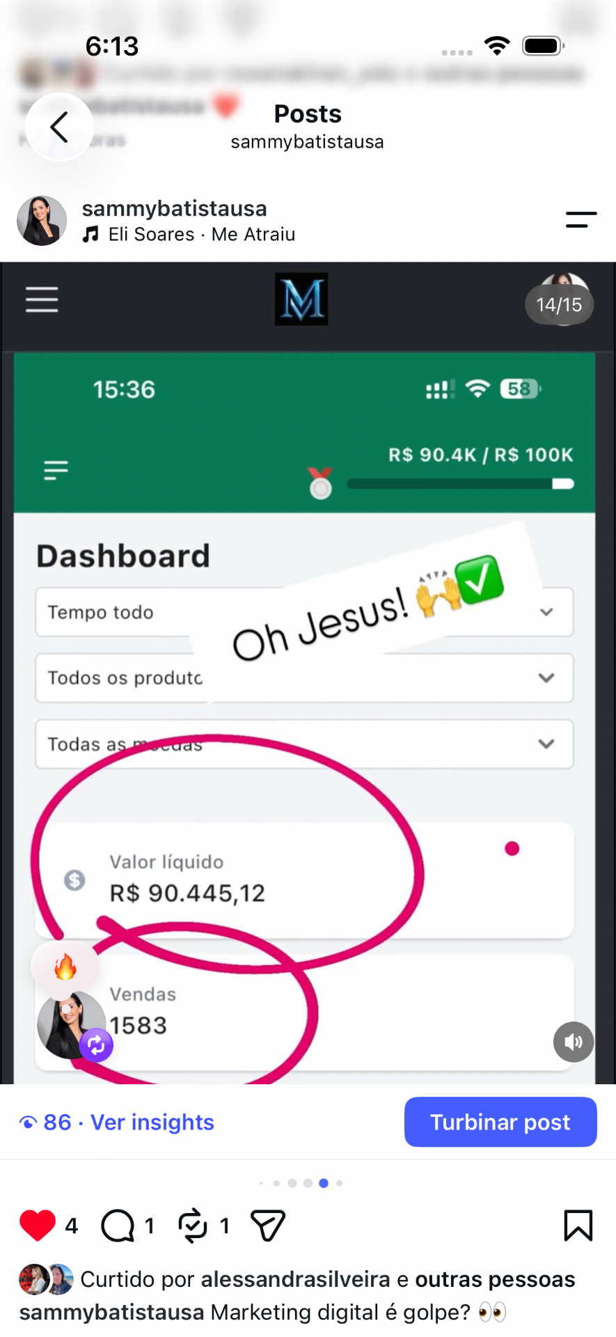 Dashboard de vendas com valor líquido e número de vendas